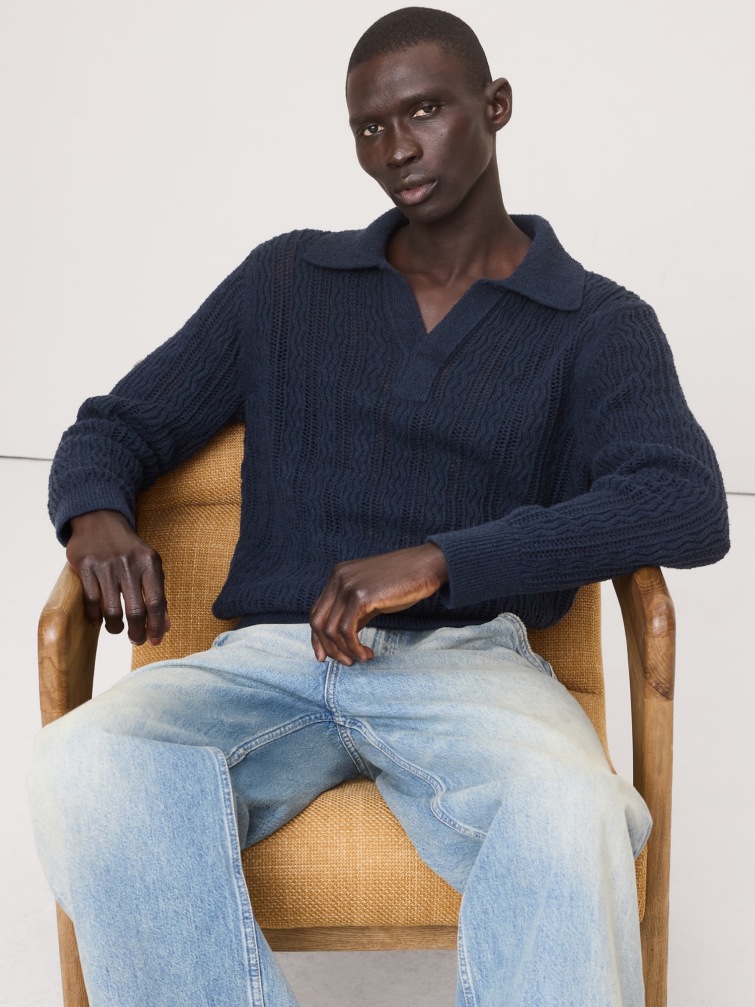 CHANDAIL À COL POLO EN MÉLANGE DE COTON À POINT ZIGZAG