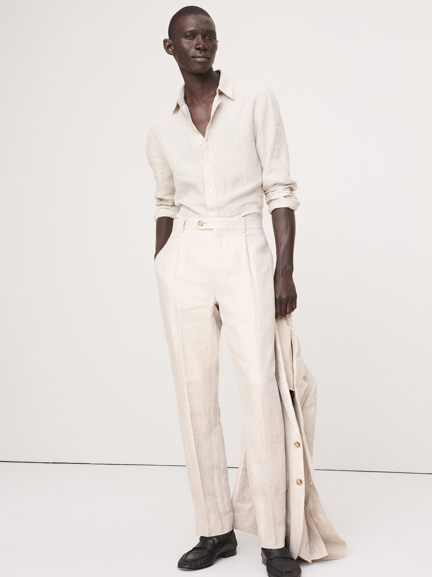 スリム ヘリンボーン リネン スーツパンツ-0