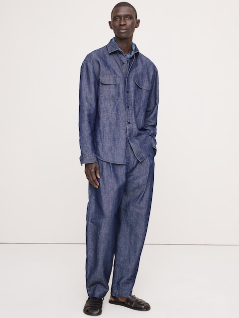 PANTALON AMPLE À TAILLE EXTENSIBLE EN CHAMBRAY PLISSÉ