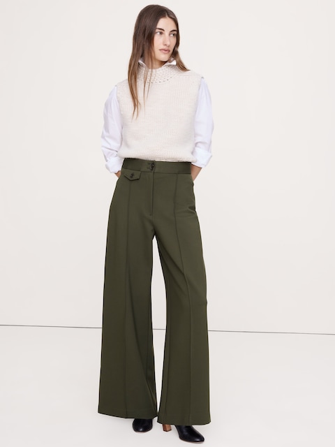 PANTALON À TAILLE HAUTE ET À JAMBE LARGE EN TRICOT POINT DE ROME