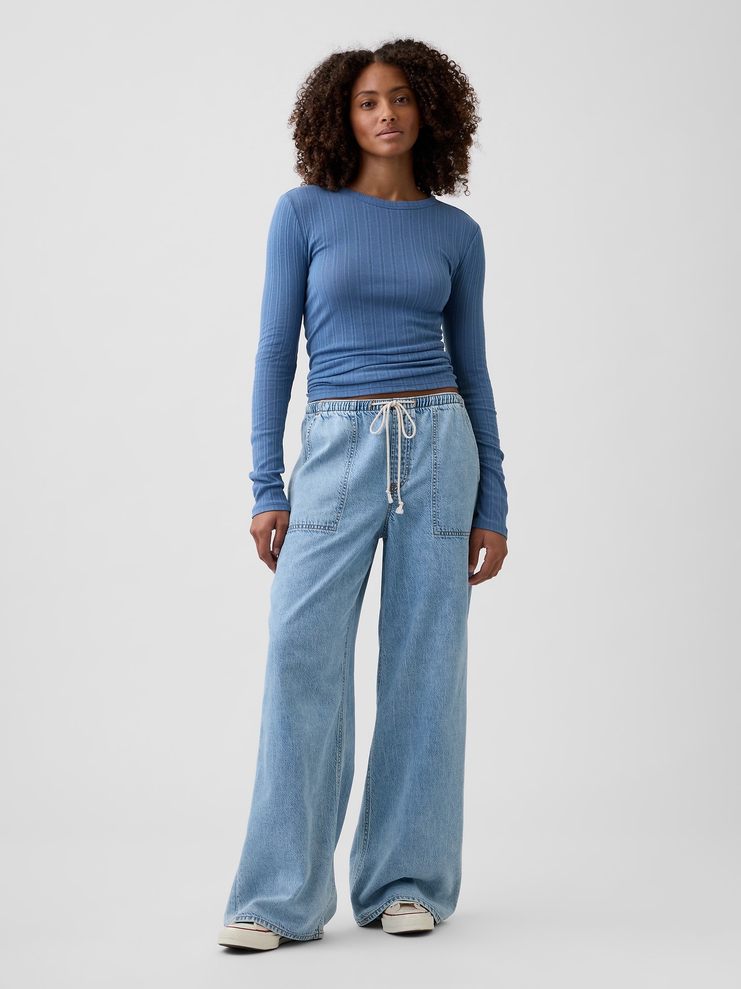 Mid rise soft pull-on wide-leg jeans
