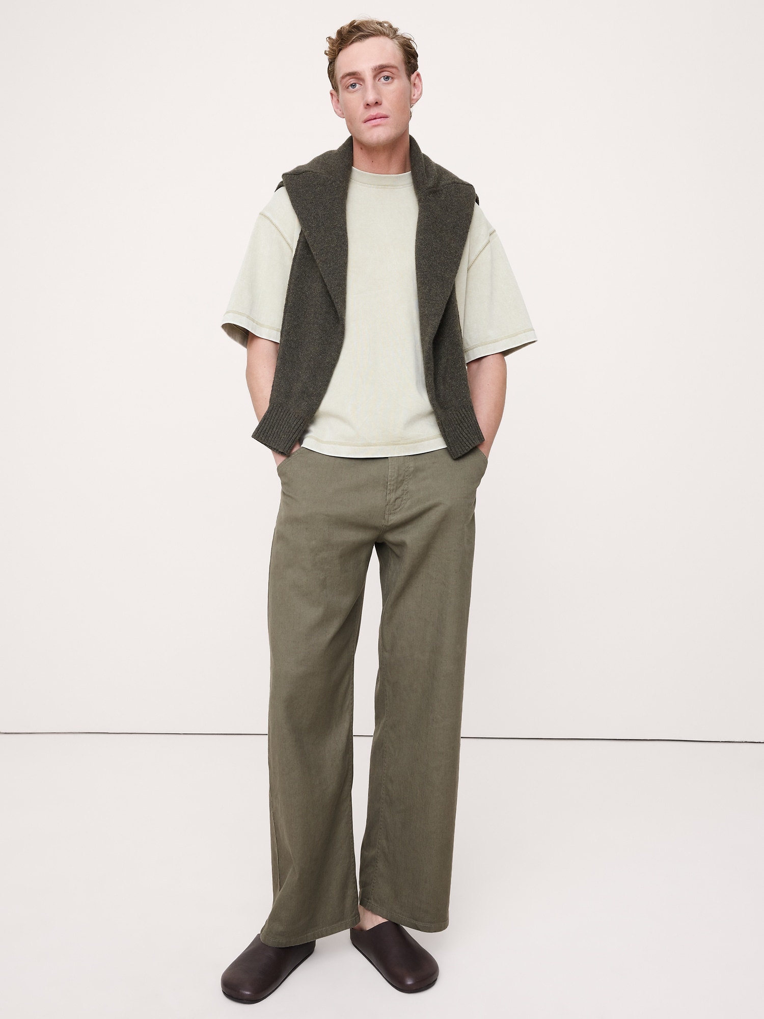 PANTALON AMPLE À TAILLE EXTENSIBLE EN COTON ET LIN ITALIEN