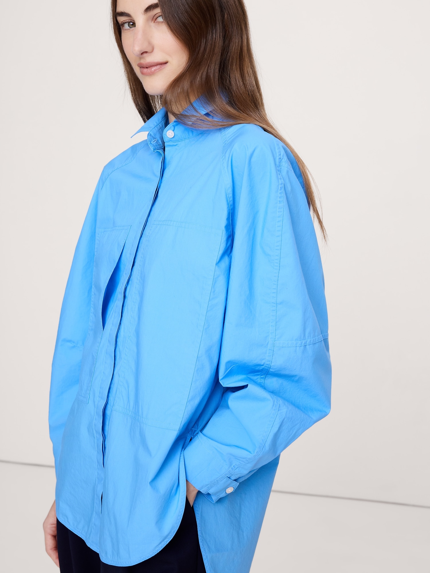 Oversized Cotton Poplin Utility Pocket Shirt