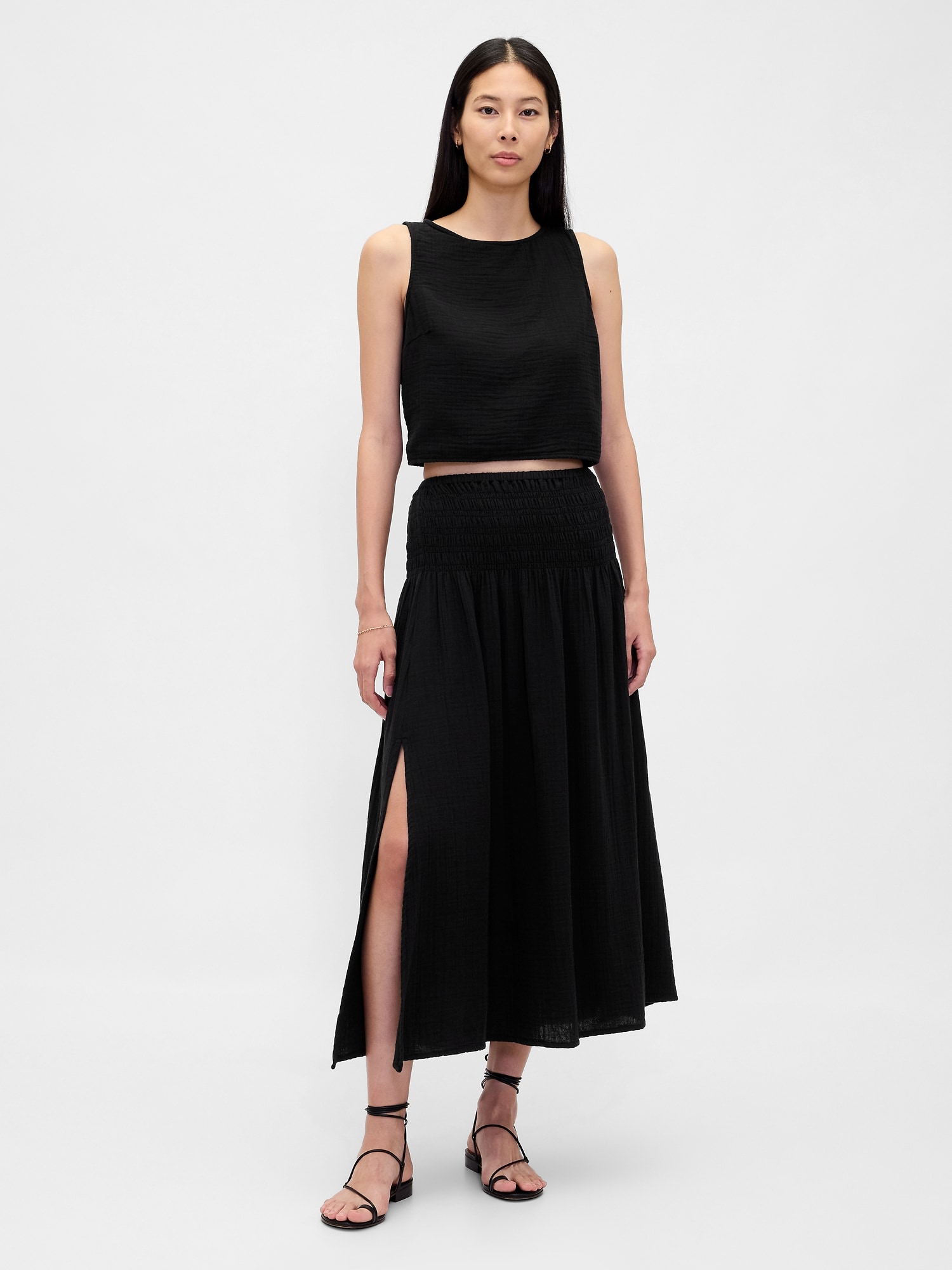 Cotton Gauze Smocked-Waist Maxi Skirt