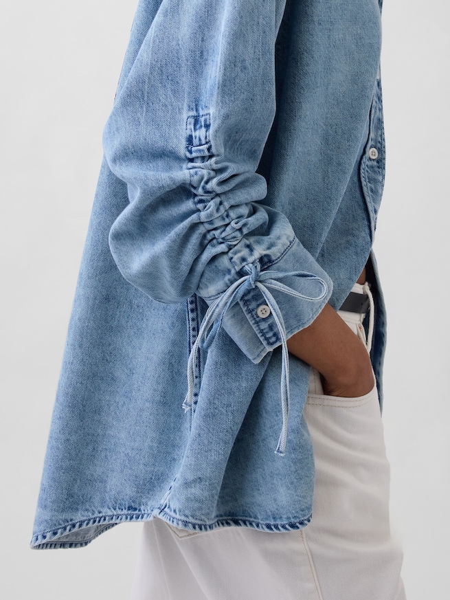 ウルトラソフト デニム オーバーサイズ ルーシュスリーブ シャツ-4