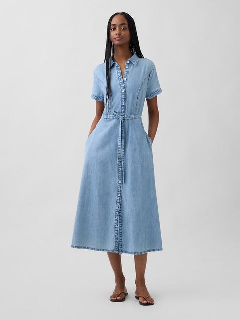 ROBE-CHEMISIER MI-LONGUE EN DENIM À TAILLE À NOUER