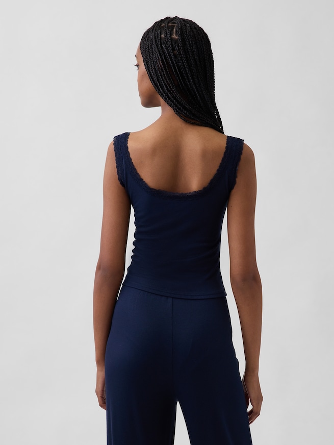 細リブ レース ヘンリーネック パジャマタンクトップ-2