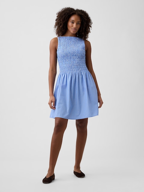 Smocked Boatneck Mini Dress
