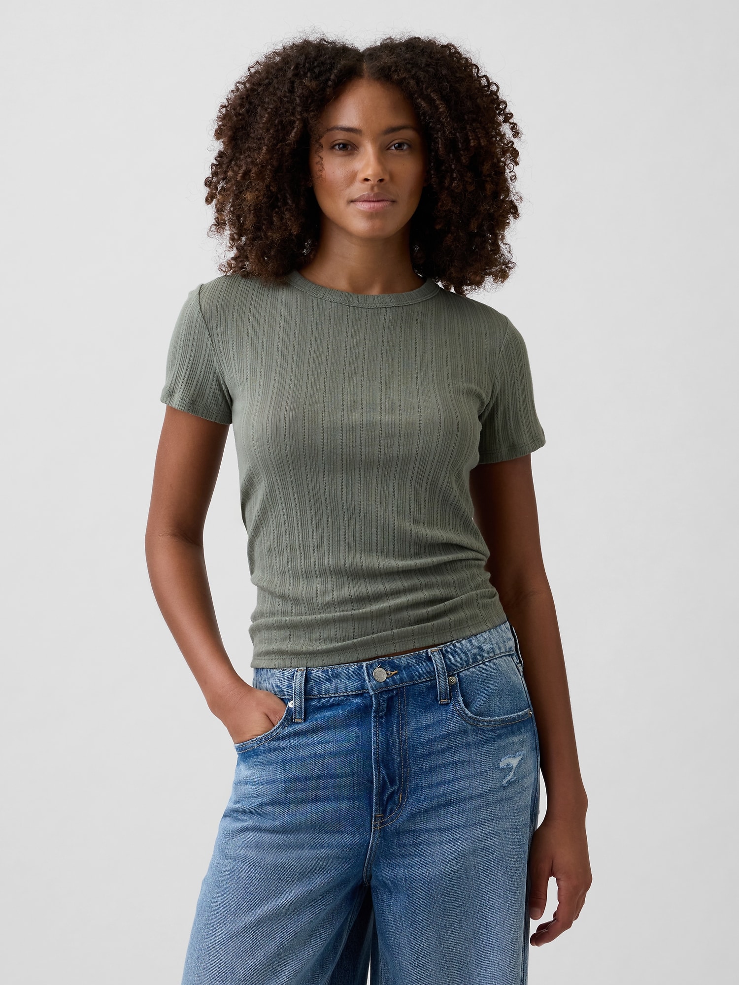 Ribbed pointelle crewneck t-shirt