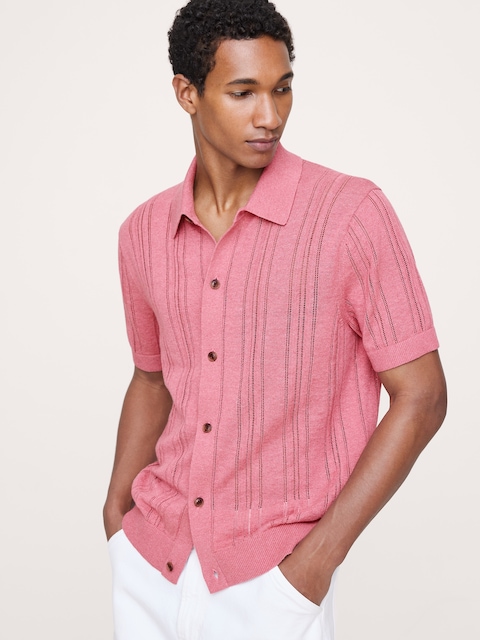 CARDIGAN À COL POLO EN POINTELLE DE LIN ET COTON