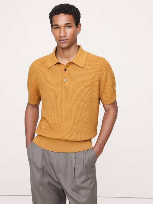 リネンコットン ニットポロシャツ