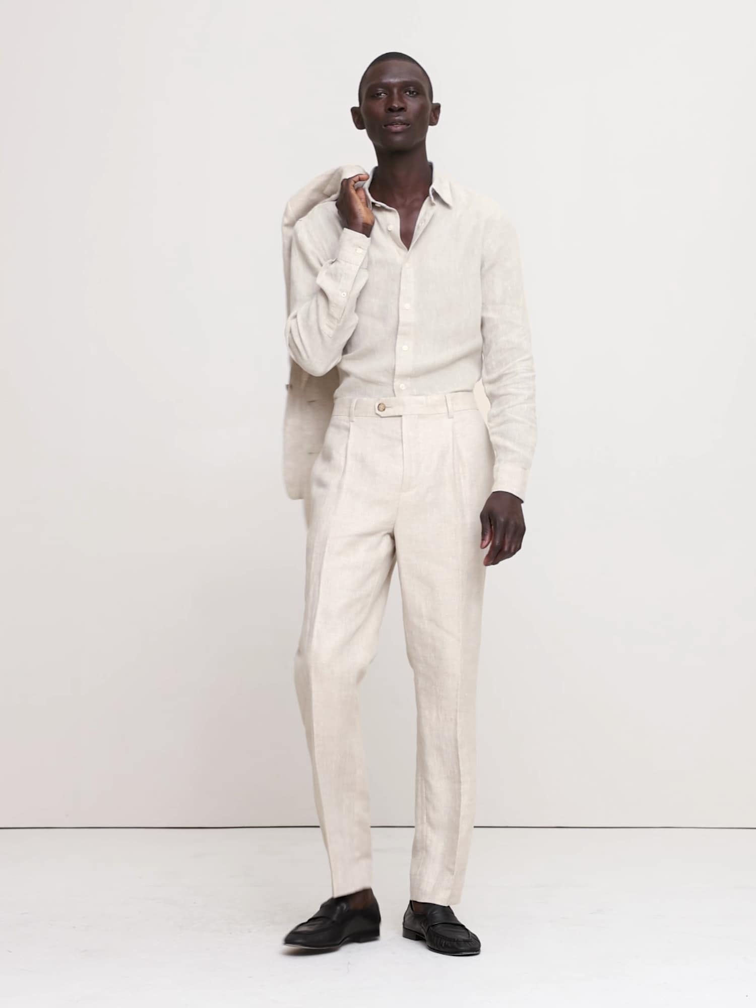 スリム ヘリンボーン リネン スーツパンツ-6