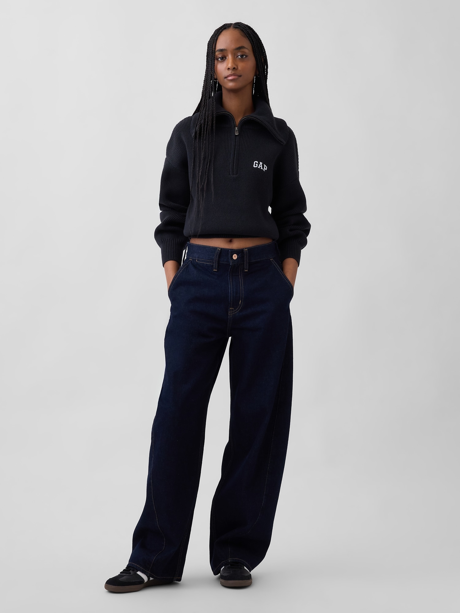 リラックスフィット GAPロゴ ハーフジップ プルオーバー クロップドセーター-1
