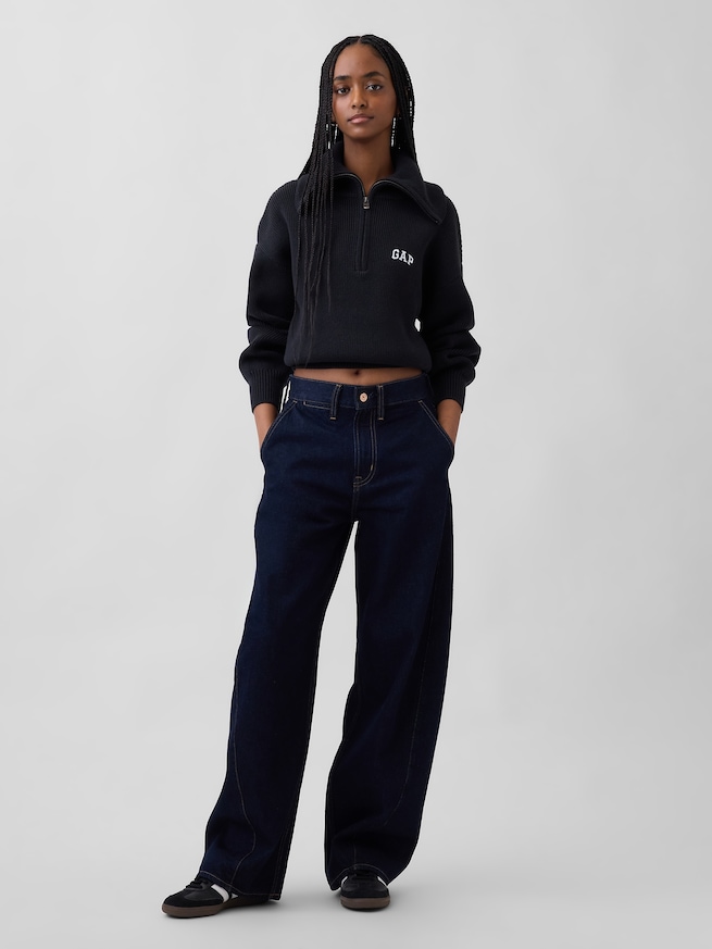 リラックスフィット GAPロゴ ハーフジップ プルオーバー クロップドセーター-1