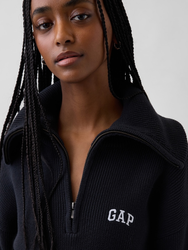 リラックスフィット GAPロゴ ハーフジップ プルオーバー クロップドセーター-3