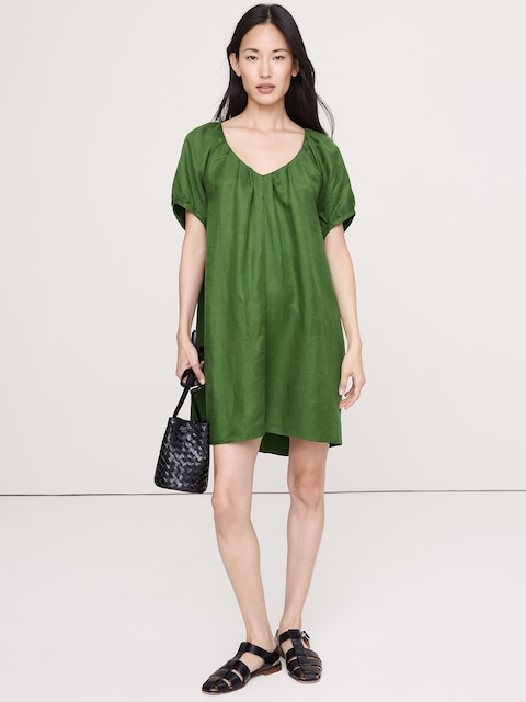 ROBE COURTE À MANCHES BOUFFANTES EN LIN ET VISCOSE