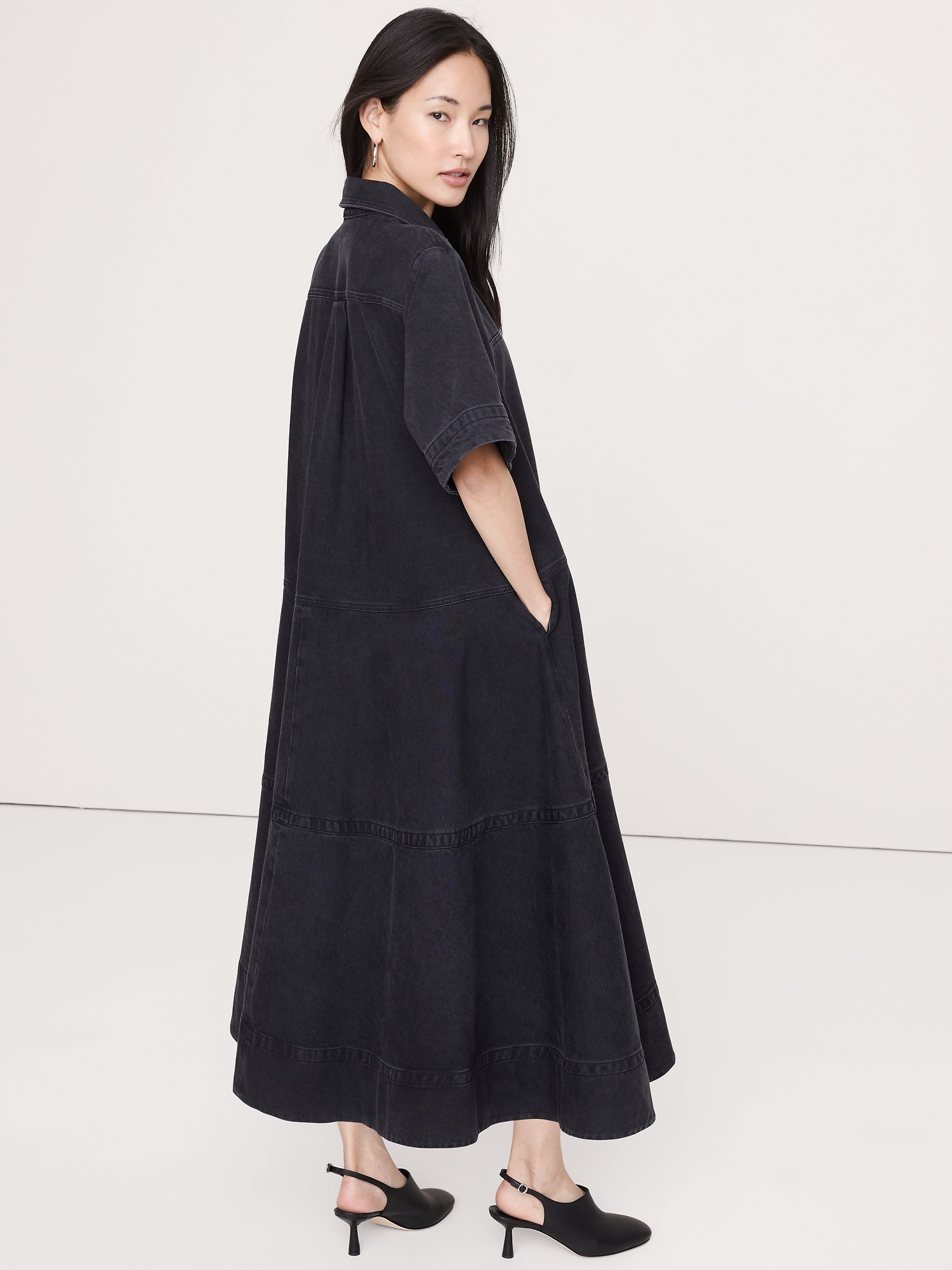 Denim Trapeze Maxi Shirt Dress