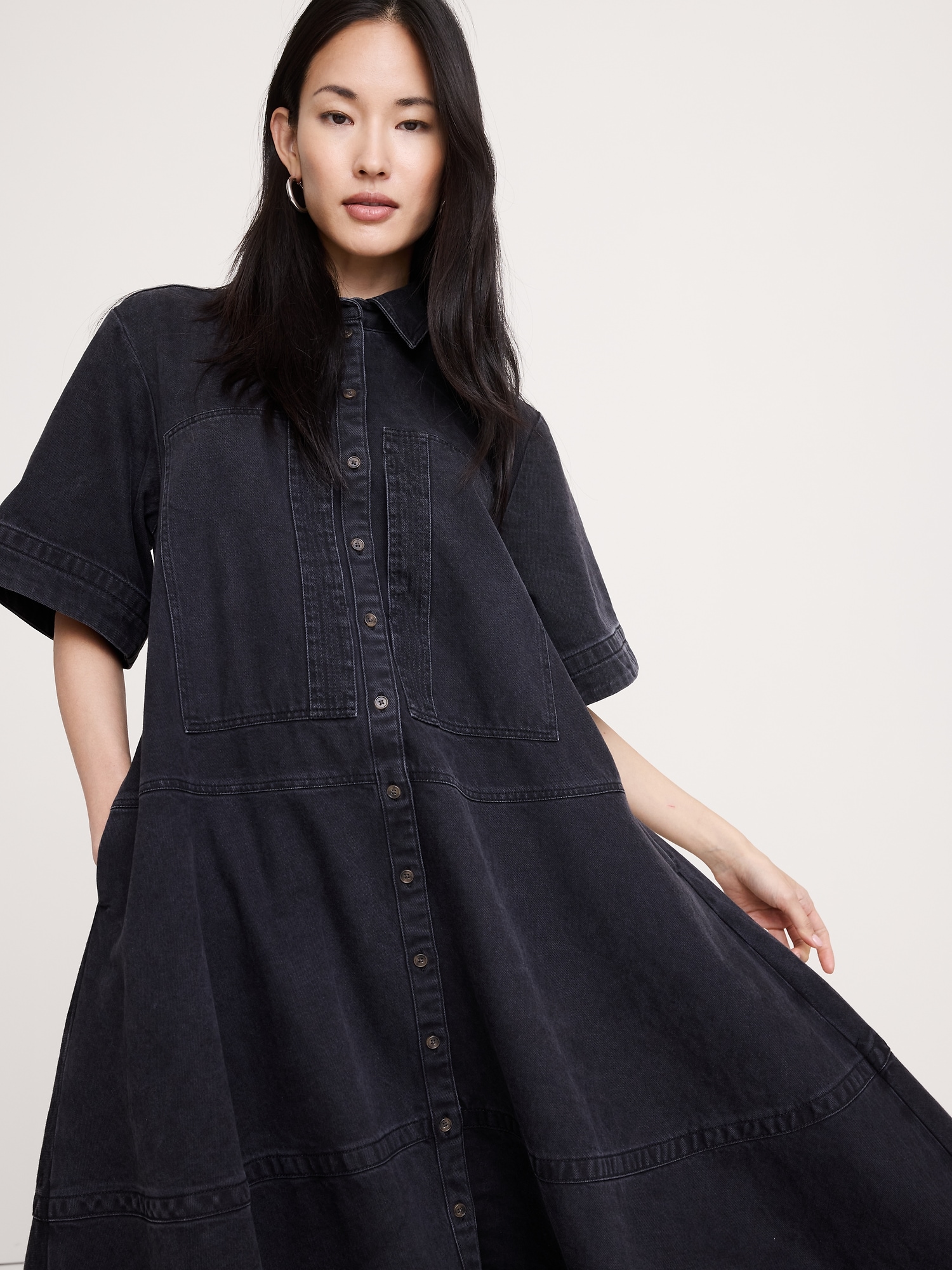 Denim Trapeze Maxi Shirt Dress