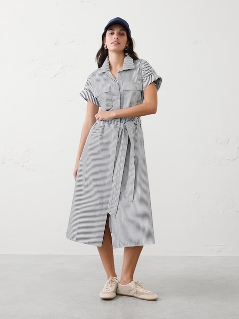 ROBE-CHEMISIER UTILITAIRE MI-LONGUE EN POPELINE