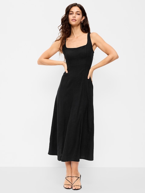 ROBE MI-LONGUE AJUSTÉE ET ÉVASÉE SANS MANCHES EN MÉLANGE DE LIN