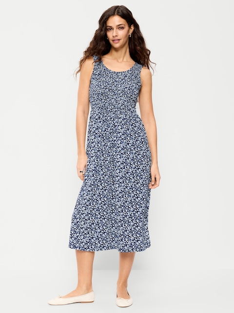 Fit & Flare Lightweight Smocked-Bodice Midi Dress
