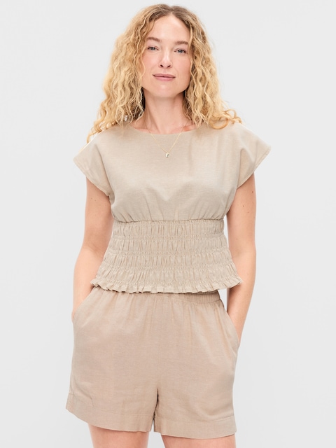 Linen-Blend Short-Sleeve Smocked Top