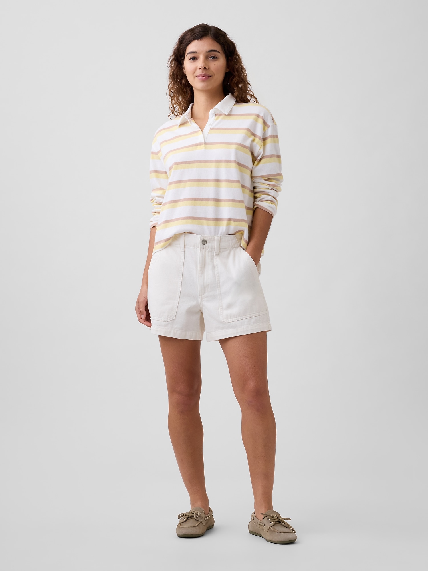 4" High Rise Soft Denim Utility Shorts