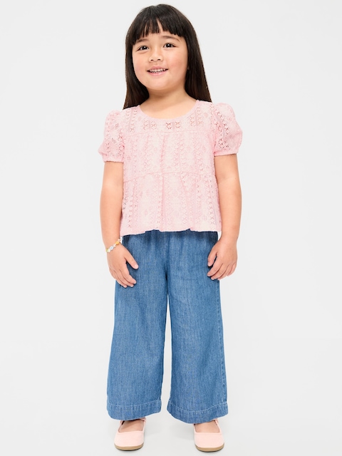 ENSEMBLE AVEC HAUT LACÉ À MANCHES COURTES ET PANTALON EN CHAMBRAY POUR TOUTE-PETITE