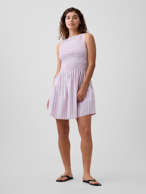 Smocked Boatneck Mini Dress