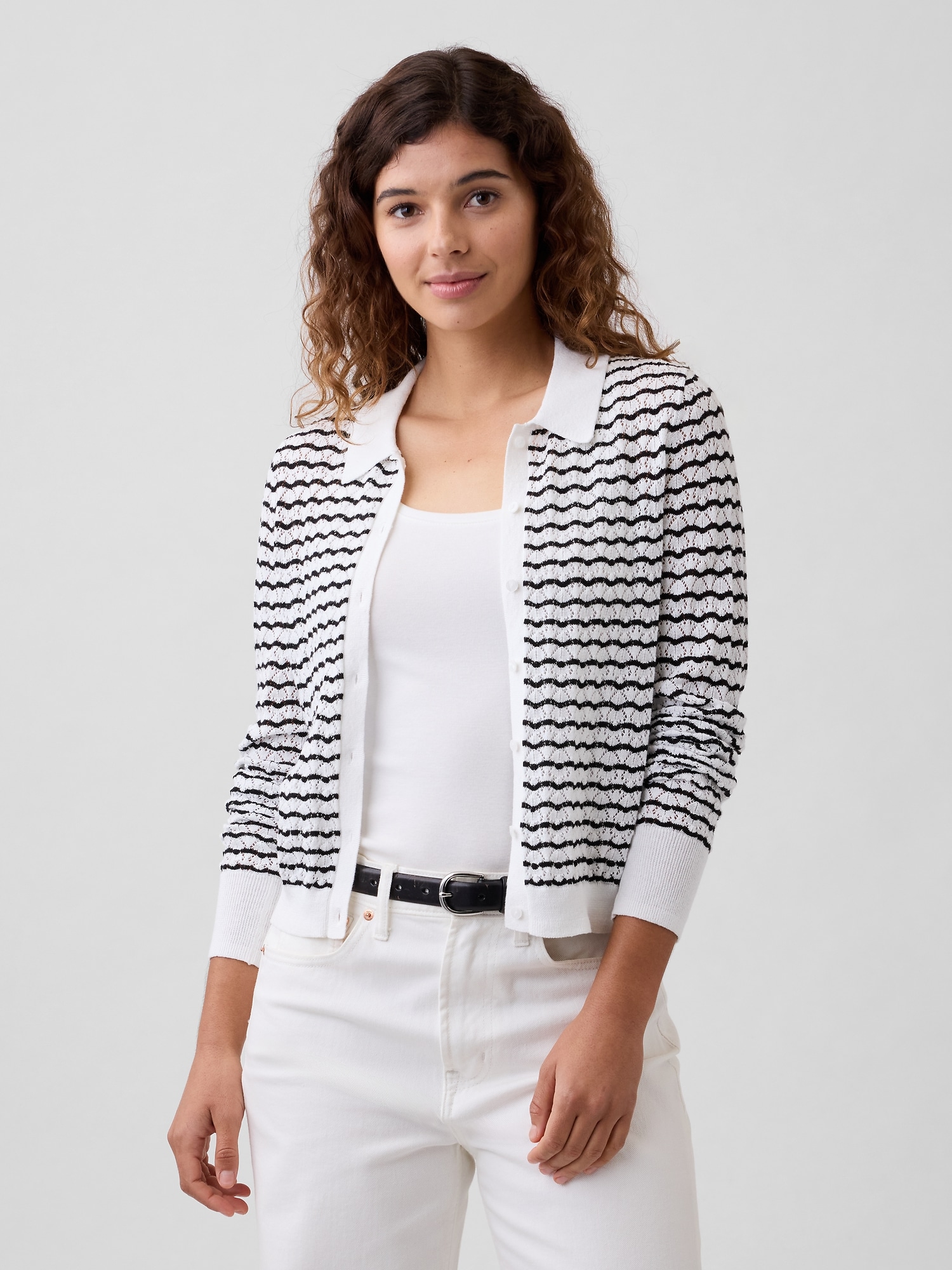 Lace-Stitch Collared Cardigan