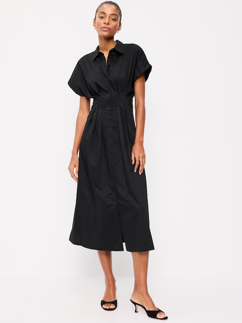 ROBE CHEMISIER MI-LONGUE REHAUSSÉE DE NERVURES À LA TAILLE
