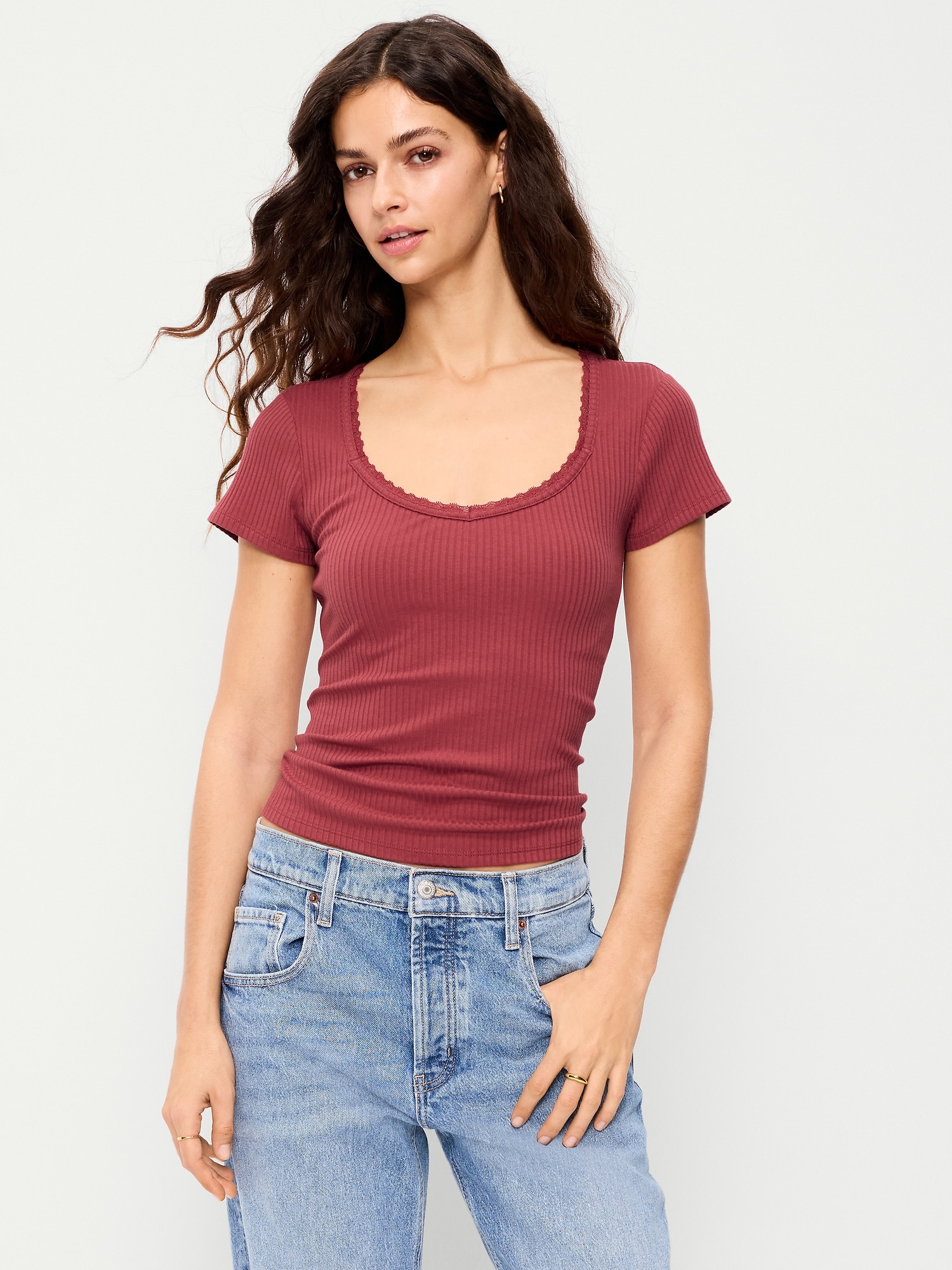 Lace-Trim Sweetheart-Neck Ribbed Top