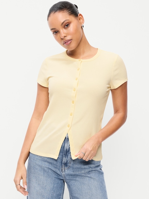 Short-Sleeve Ribbed Button-Down Top