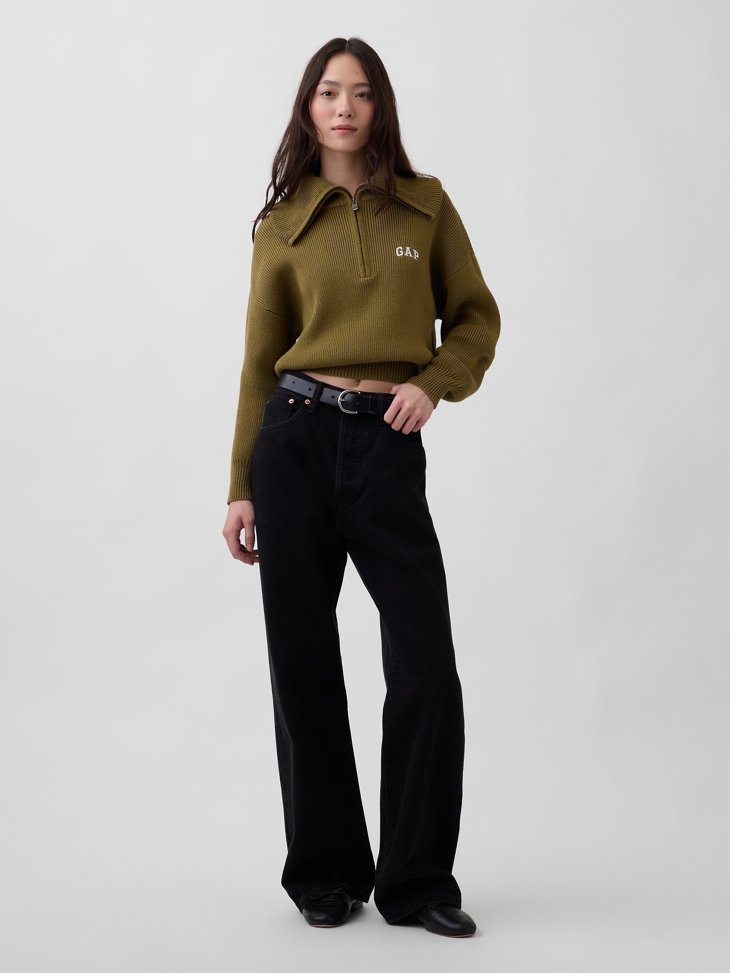 リラックスフィット GAPロゴ ハーフジップ プルオーバー クロップドセーター-1