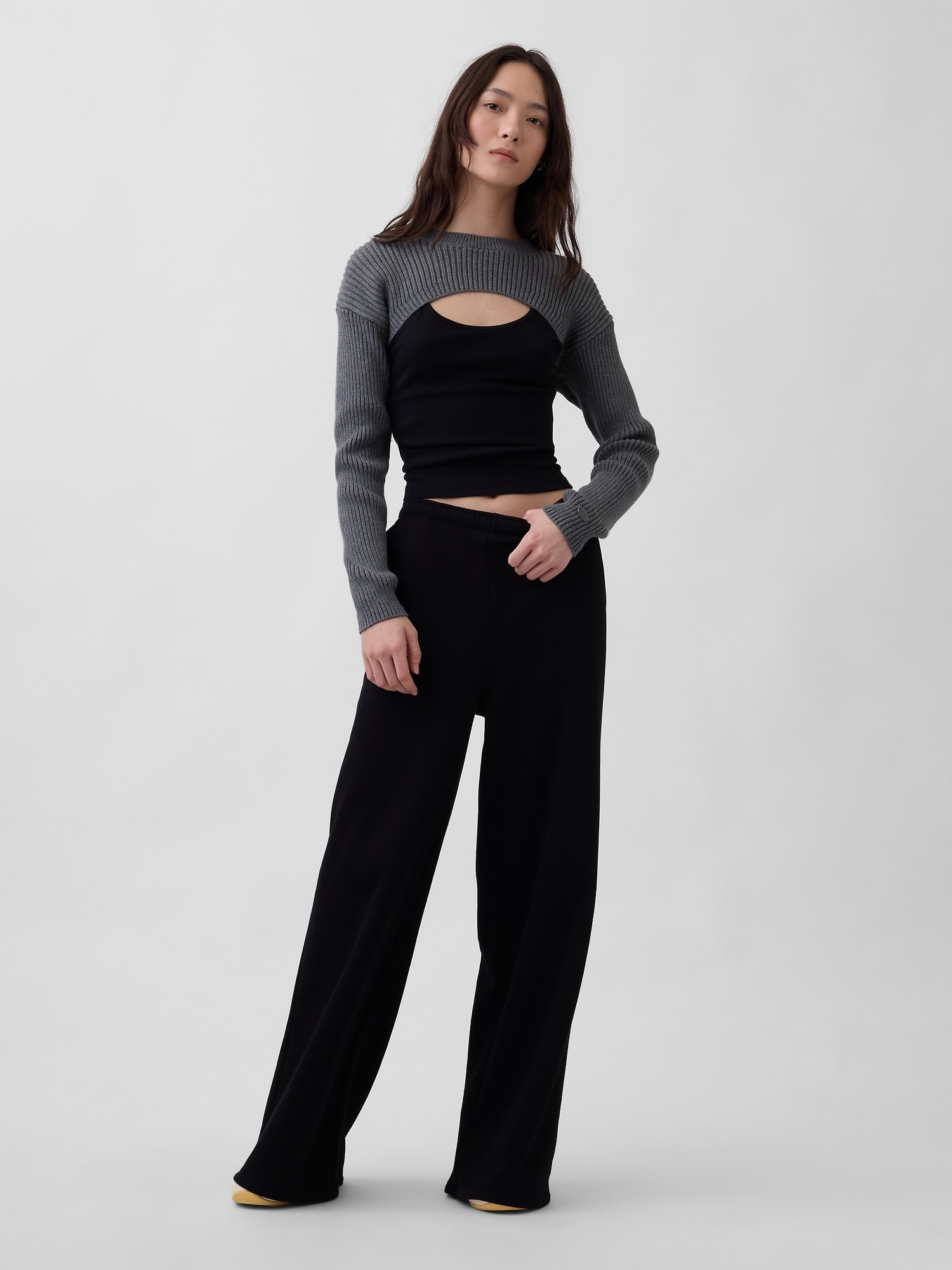 コットン100% リラックスフィット リブ ボレロセーター-1