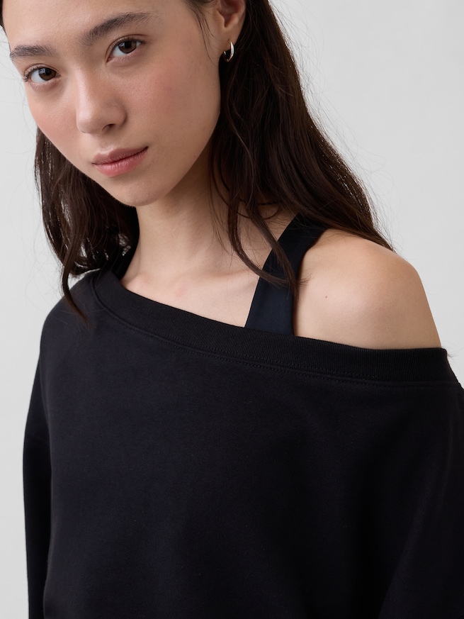 ヴィンテージソフト フレンチテリー オーバーサイズ オープンネックライン クロップド スウェットシャツ-3