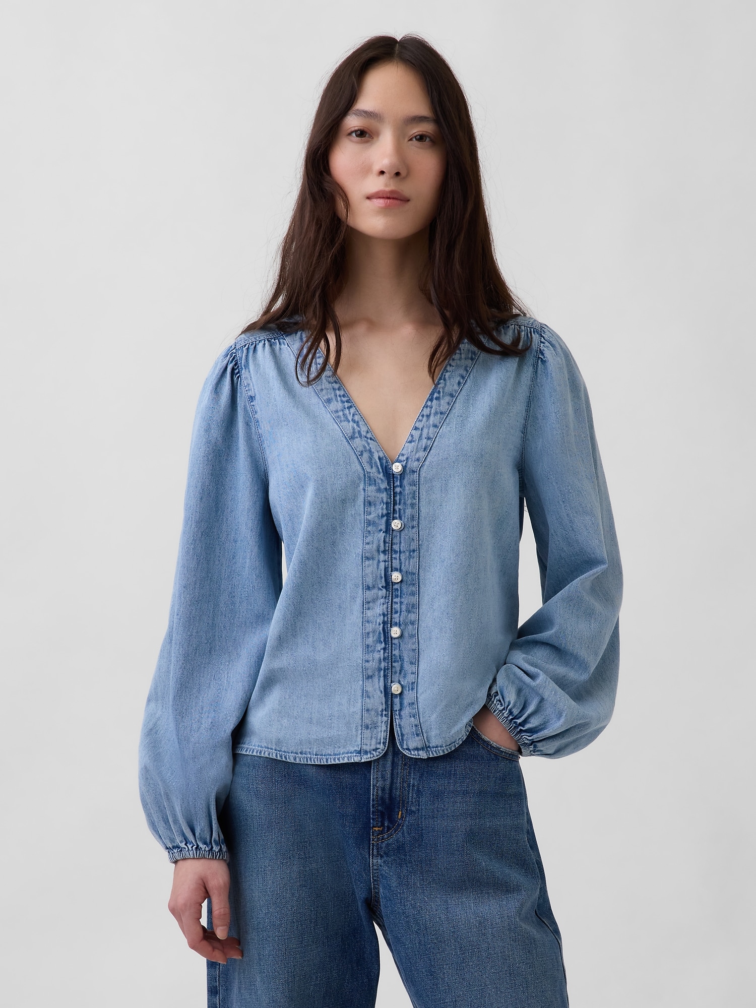 Denim Puff-Sleeve Top