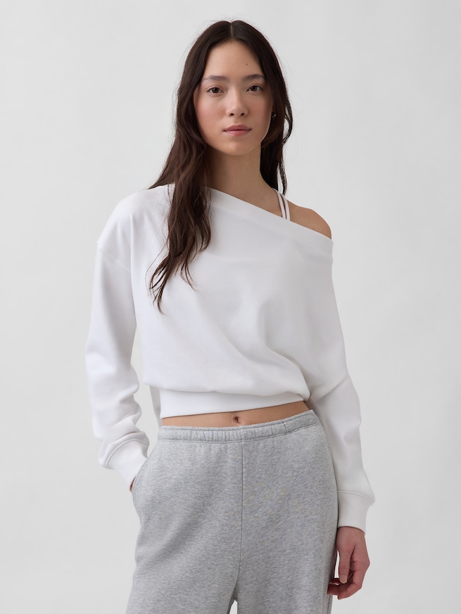 ヴィンテージソフト フレンチテリー オーバーサイズ オープンネックライン クロップド スウェットシャツ-0