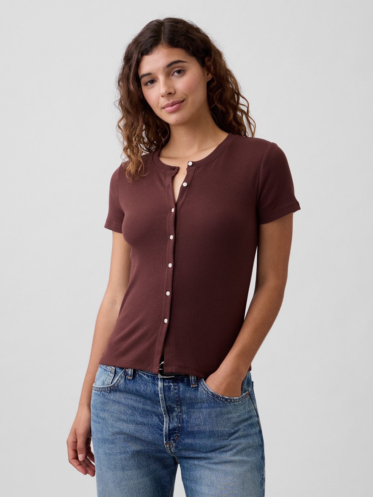Ribbed Button-Up Top