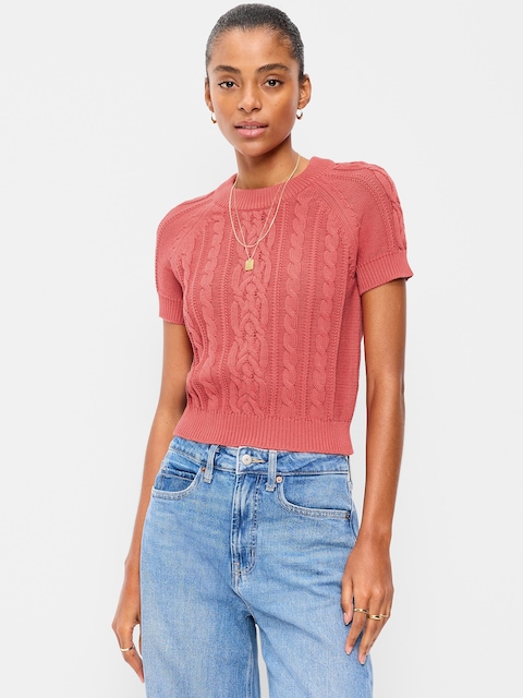 Seaside Cotton Short-Sleeve Cable-Knit Cropped Sweater