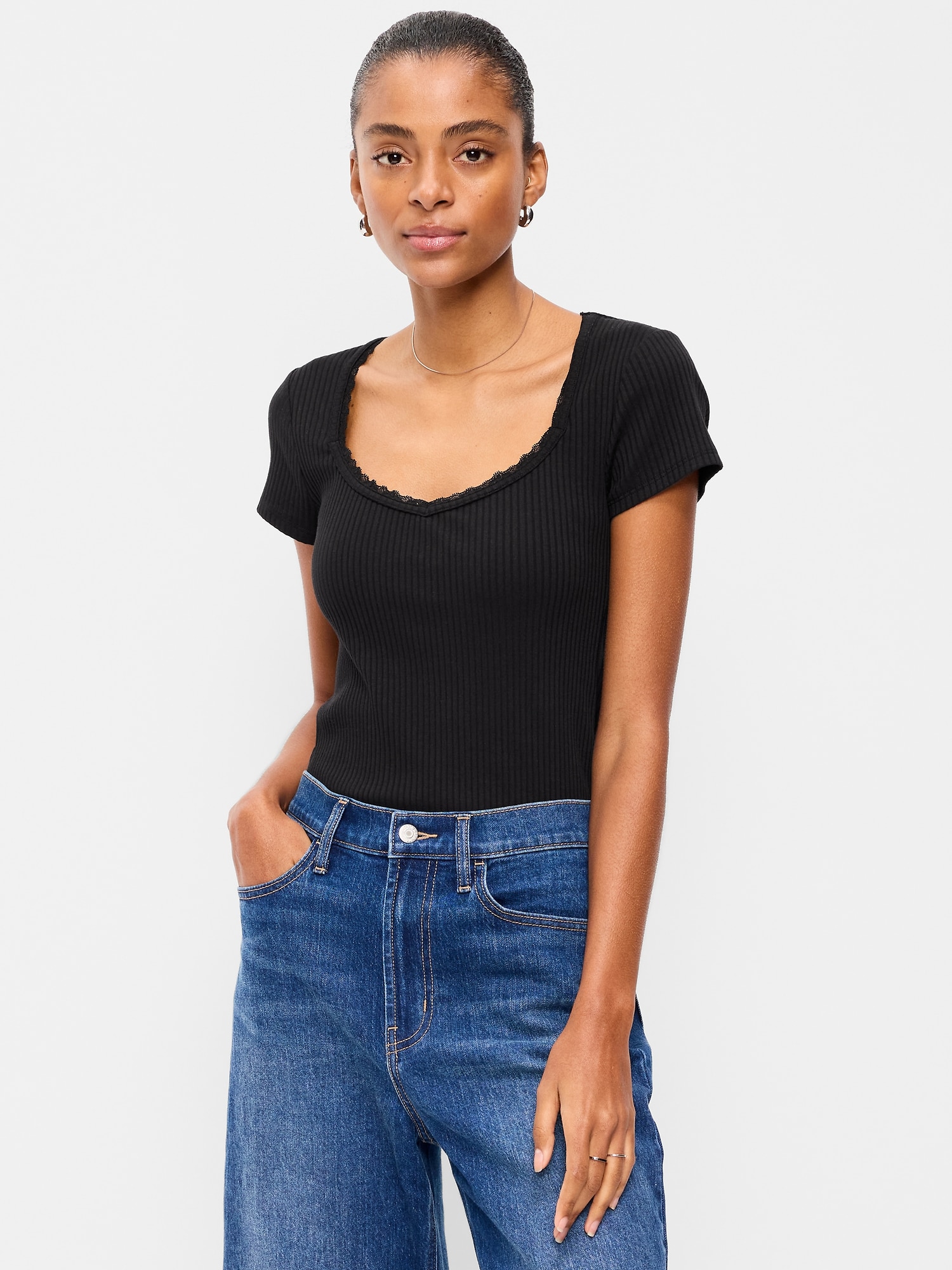 Lace-Trim Sweetheart-Neck Ribbed Top