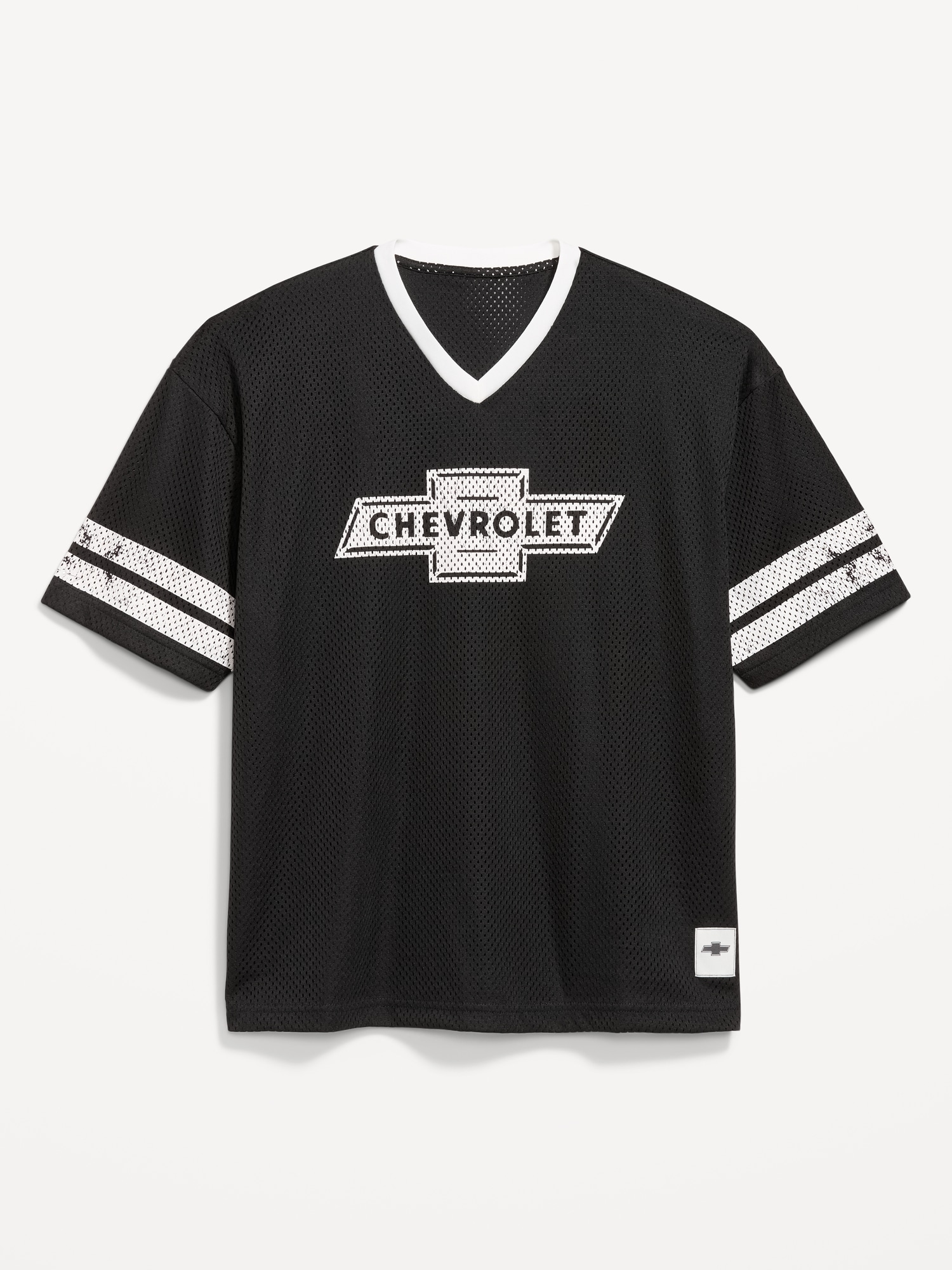 Licensed Graphic Cropped Mesh V-Neck T-Shirt