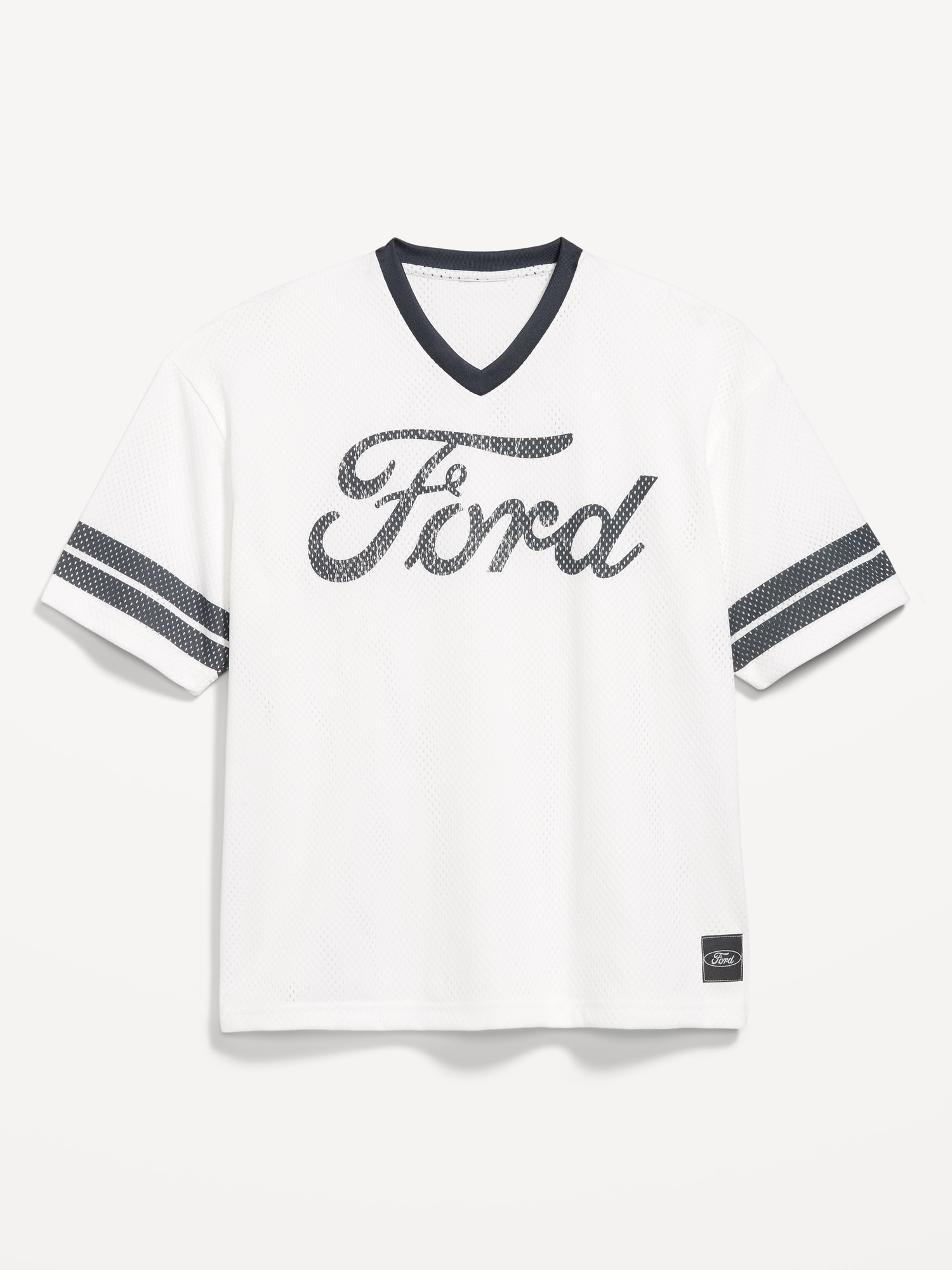Licensed Graphic Cropped Mesh V-Neck T-Shirt