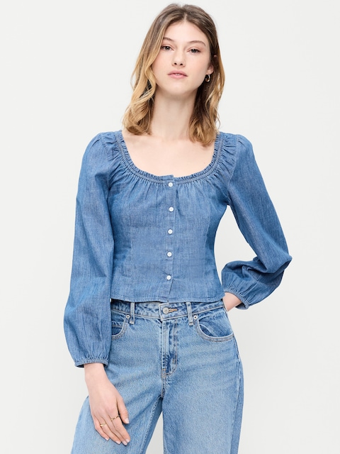 Long-Sleeve Button-Down Jean Top