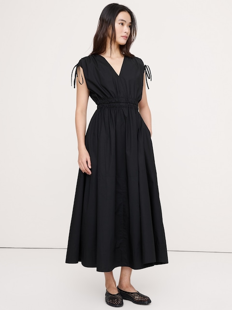 ROBE LONGUE À ÉPAULES FRONCÉES EN POPELINE