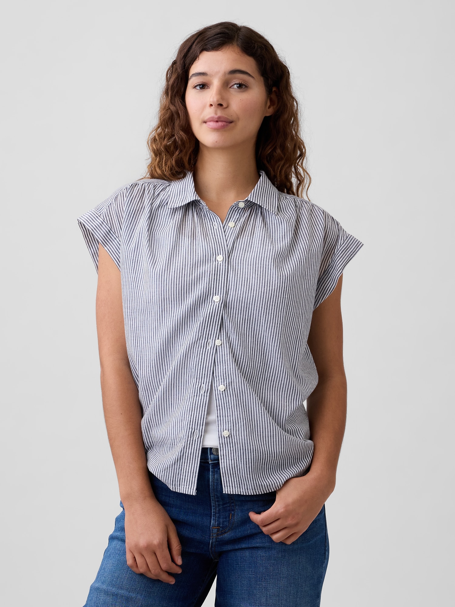 Collared Cap-Sleeve Shirt