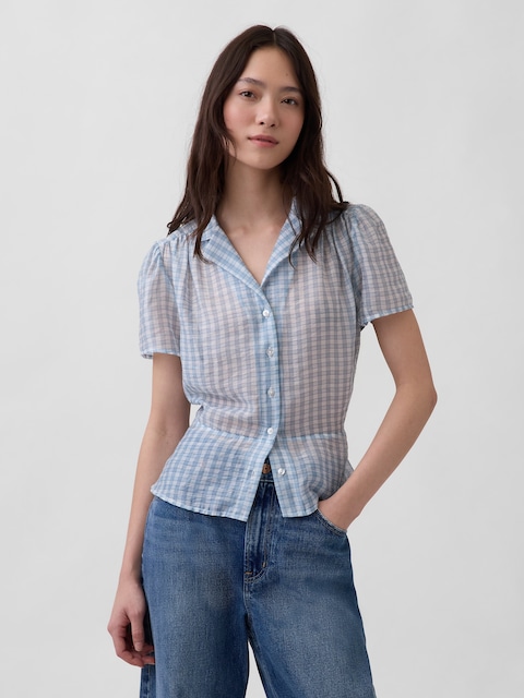 Sheer Button-Front Peplum Top