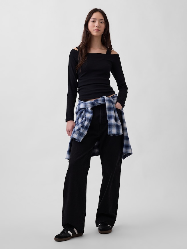 モダン オフショルダートップス-1