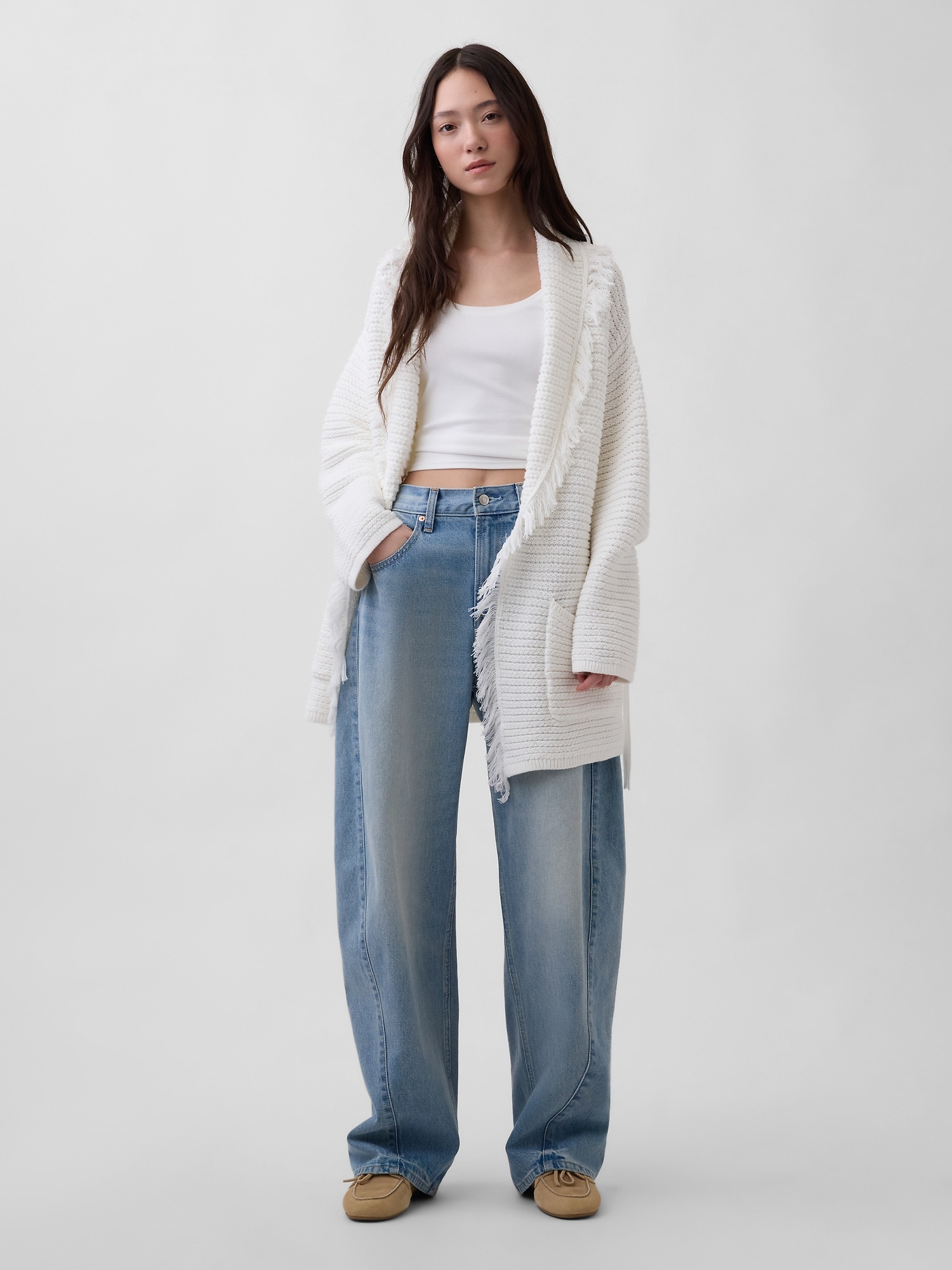 コットン100% オーバーサイズ フリンジ ショールカーディガン-1