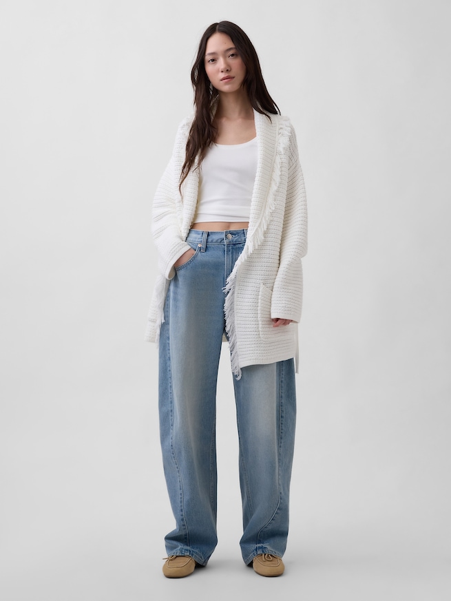 コットン100% オーバーサイズ フリンジ ショールカーディガン-1